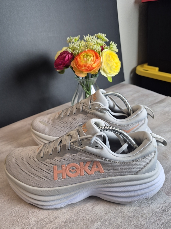 Hoka Shoes - Hoka Women's Light Gray Running Sneakers with Peach Accents. Size 10B